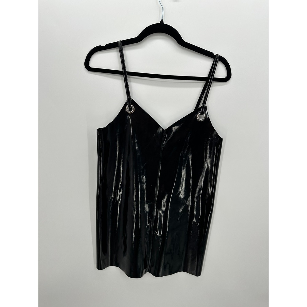 Y2K Black Patent Faux Leather Mini Tank Dress Goth Club Kid Grunge Sz S Edgey